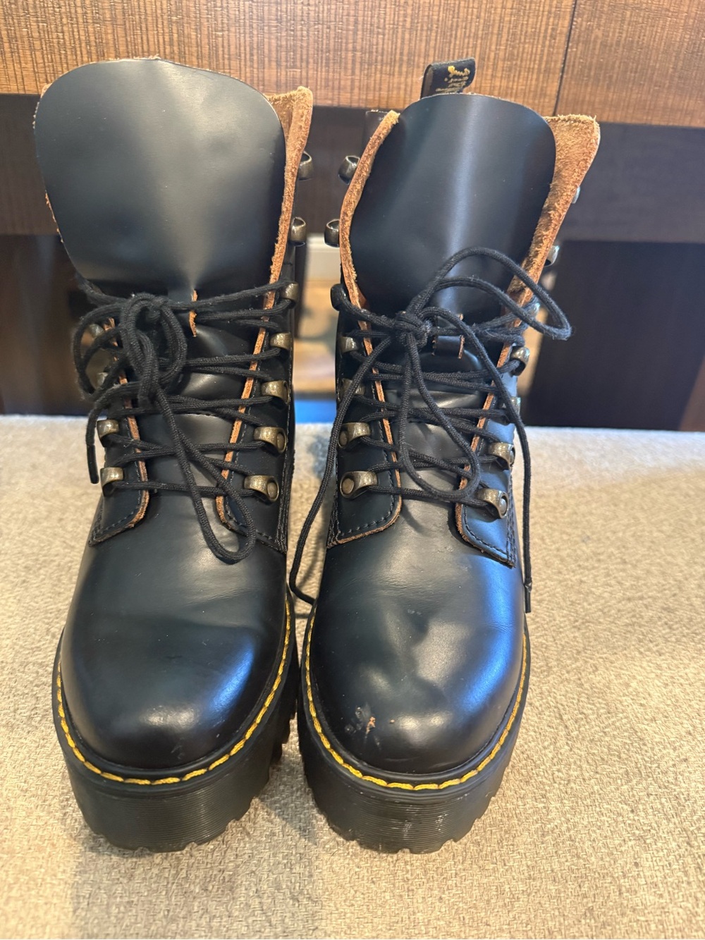 Dr. Martens Black Leather Lace-Up Platform Boots with Yellow Stitching